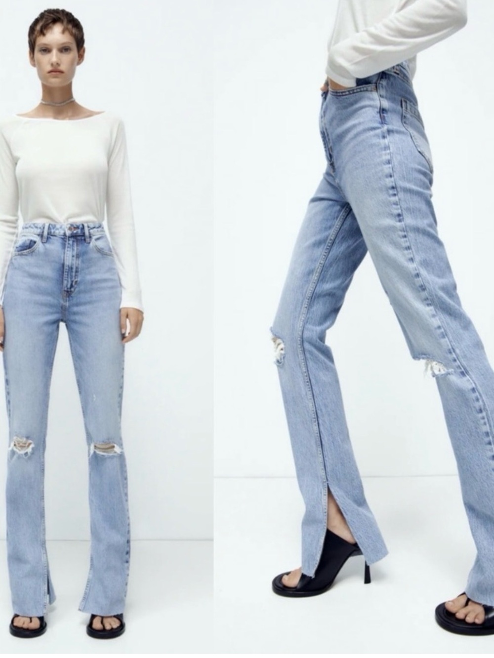 Zara Light Blue High-Rise Flare Jeans with Front Slit